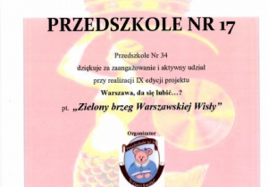Podziękowanie za aktywny udział w akcji "Warszawa da się lubić...? - Zielony brzeg warszawskiej Wisły"